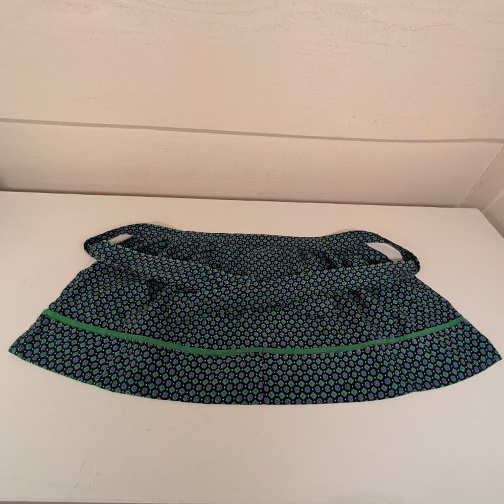 Vintage Handmade Blue Green Floral Half Apron w Green Trim Retro MCM Kitchen
